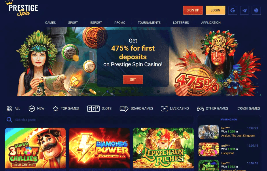 Overview of Prestige Spin Casino game lobby and features